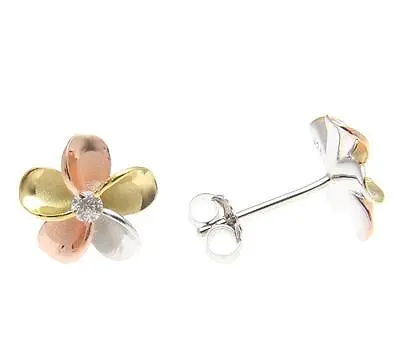 Yellow Rose Gold Silver 925 Tricolor Hawaiian Plumeria Stud Earrings Cz 8mm-18mm • $16.99