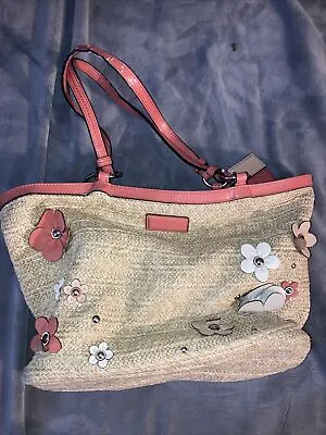 EUC Coach Straw Floral Appliqué Tote SV/Natural~ F29861 Leather Accent Flowers • $35