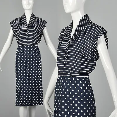 Large Lanvin 1970s Dress Vintage 70s Designer VTG Polka Dot Striped Navy Blue • $756