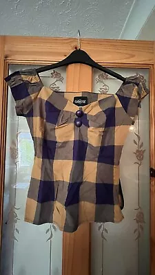 Collectif Dolores Mustard & Navy Check Top Size 10 Retro 1950s • £10