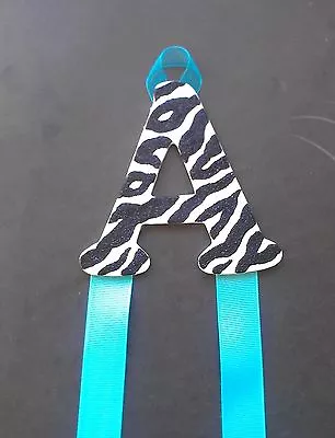 Zebra Print W/ Turquoise Custom Monogram Hair Bow & Barrette Holder  • $12.99