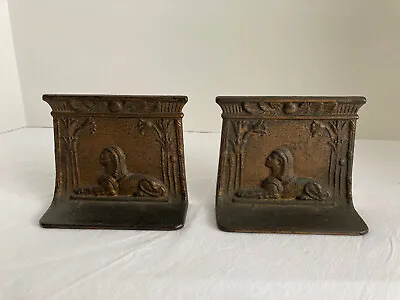 VTG Antique Pair 1920s Egyptian Sphinx Bookends Art Deco Cast Iron Brass Finish • $49.99