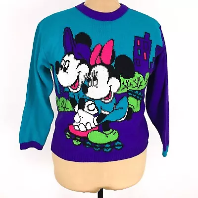 90s Disney Mickey Minnie Rollerblading Knit Sweater Girls Large 14 By Jet Set • $48