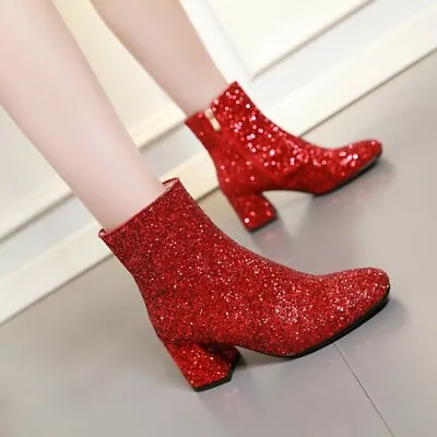 Women Biker Motorcycle Ankle Boots Sequins Glitter Square Toe Mid Heel Shoes New • $52.35