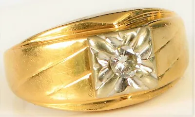 Vintage Designer Signed 14k Yellow White Gold Center Single Diamond Mens Ring ! • $495