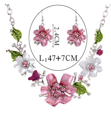 £5.99 • Buy Pink Flowers Silver Crystal Diamantes Necklace Earrings Set Costume Jewellery