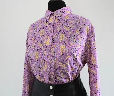 Vintage 1970s PURPLE Shirt Leaf Pattern RETRO Boho MOD Long Sleeve Blouse Top 14 • £10