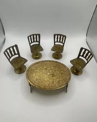 VTG Doll House Miniature Solid Brass 4  Dining Table & 4 Chairs Doll Furniture • $21