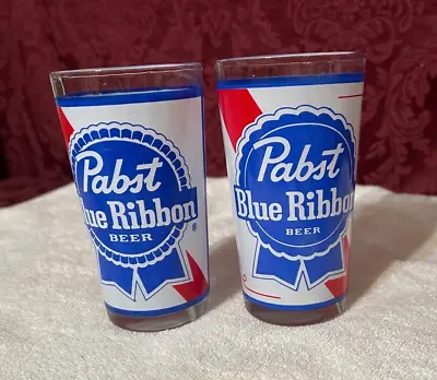 ( 2 )  Vintage Pabst Blue Ribbon 10 Oz. Beer Glasses Barware ~ 5  Tall • $12.99