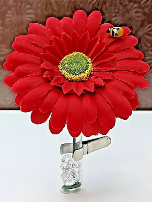 Red Gerbera Daisy Flower-Clip On Vase-Crystals Fits Any Car Inc VW Beetle  • £12.98