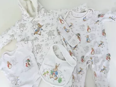 0-3 Months PETER RABBIT Baby Clothes Pramsuit Sleepsuit Bundle Cream • £9.99