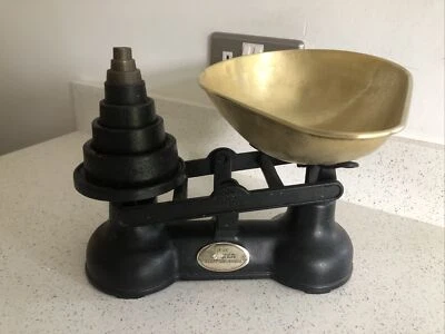 £7.50 • Buy Vintage SALTER British Cast Iron Balance Kitchen Scales Brass Tray & 7 Weights