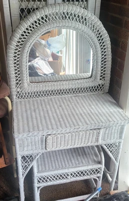 $350 • Buy Vintage White Wicker Vanity Desk, Chair, Table, Shelf