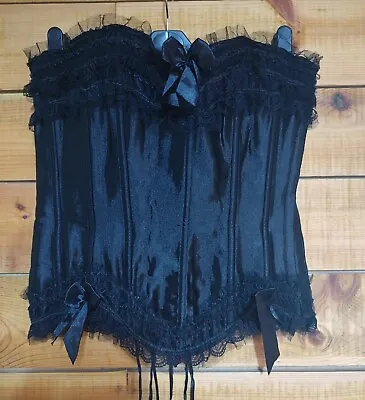 Ladies Black Satin Side Fastening Boned Corset Lace Trim And Bows Size Medium • £10
