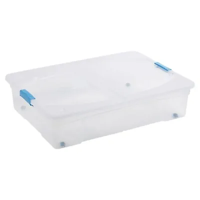 80 Litre Large Plastic Clip Storage Box Folding Lid Wheels Stackable Container • £17.49