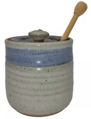 VTG Handmade Pottery Tan And Blue Stripe Honey Pot By Tobey With Wood Dipper 4  • $24.97