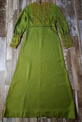Womens Vintage Maxi Dress Avocado Green Crochet Lace Empire Waist 1970s M • $89.99