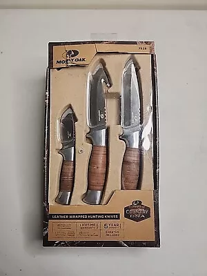 Mossy Oak 3-Pack Hunting Knives Leather Wrapped With Sheath Model 7519 • $35