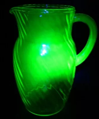 Vintage Swirl Green Vaseline Glass Pitcher 8.13  X 6.25  X 4.75  Excellent Cond • $49.99