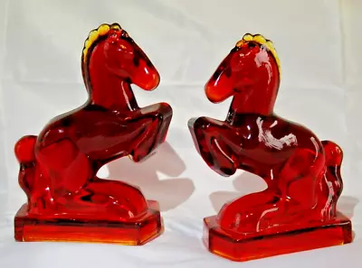 L.E.Smith Art Glass ~ Rearing HORSE Bookends ~ RED ~ 3 Lb Ea. ~ Excellent • $79.75