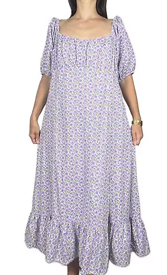 SPORTSGIRL Purple White Floral Puff Sleeve Linen Blend Maxi Dress Plus Size 18 • $49.95