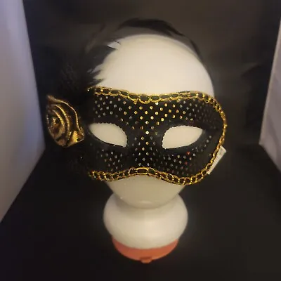 Black Venetian Carnival Eyemask Mask With Gold Rose And  Feather • $10