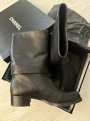 CHANEL Black Leather Fold Flat Boots Size 39.5 • £454