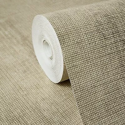 Embossed Gold Brass Metallic Faux Sisal Grasscloth Woven Textured Wallpaper Roll • $4.07