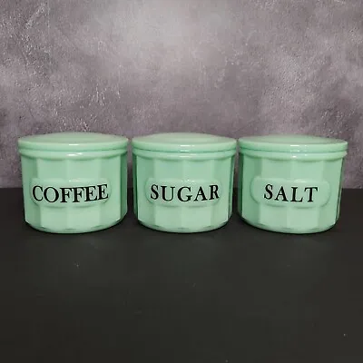 JADEITE GREEN DEPRESSION STYLE GLASS SUGAR SALT & COFFEE CROCK Vintage Dish • $79.95