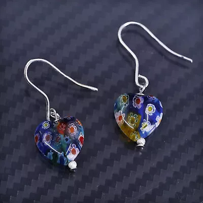 Vintage Sterling Silver 925 Handmade Murano Glass Heart Earrings • $24