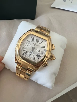 $29995 • Buy Cartier Roadster XL Chronograph Automatic 18k Yellow Gold Silver Dial Extra Bkle