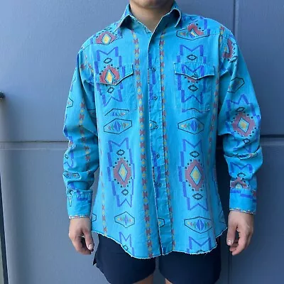 Vintage 90’s Wrangler Aztec Brushpopper Western Shirt Men’s L  • $71.76