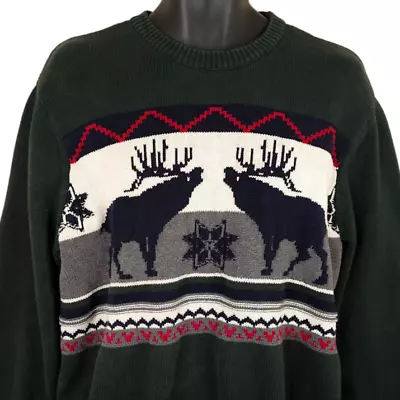Vintage Dockers Moose Sweater Mens Size Large Green Holiday Fair Isle Christmas • $41.99