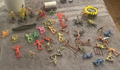 Vintage Set Figures Indians Cowboys Horses Wagon Tee Pee Fencing Lot Of 51 • $30