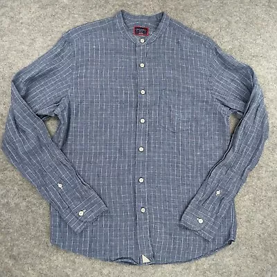 Untuckit Shirt Mens Medium Blue Check 100% Linen Mandarin Collar Long Sleeve • $29.98