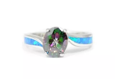 925 Sterling Silver Synthetic Opal Ring - Inlay  Mystic Topaz Oval Cabochon Wave • $27.99