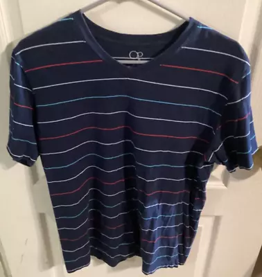 Vintage OP Ocean Pacific Surf V-neck Shirt Blue W Color Stripes MENS M Pre-owned • $19.99