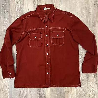 Vintage Sears Jeans Joint Men's Pearl Snap Shirt Large Tall Rust Red Western 70s • $34