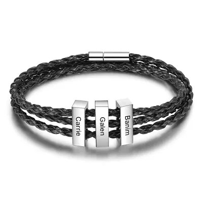 Mens Leather Bracelet 1-8 Name Wristband Stainless Steel Braided Punk Cuff Wrap • £20.39
