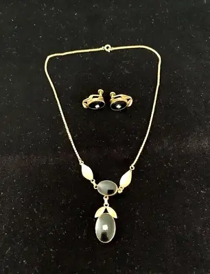 Vintage Signed VAN DELL 12K Gold Filled Black Onyx Oval Necklace Earrings Set • $63.95