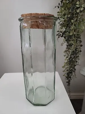 Vintage Aqua Green Depression Glass Tall Spaghetti Jar With Cork Lid 25 Cm • $35