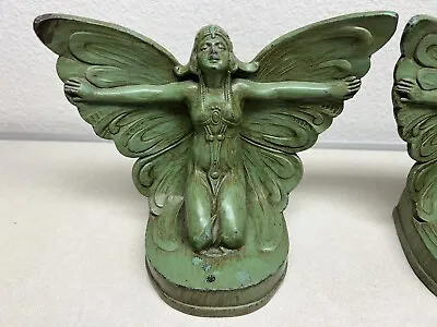 Antique Art Nouveau Deco Winged Nude Lady Egyptian Sphinx Figural Old Bookends • $2500