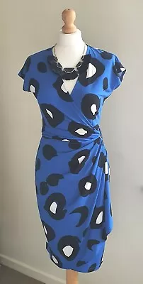 Womens Gorgeous MAGGY LONDON Blue/Black Short Sleeve Wrap Dress Size 10 VGC • £5.99