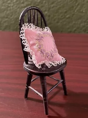 Dollhouse Miniature Wooden Chair W/ Attached Pink Embroidered Pillow ~Shackman • $4.95