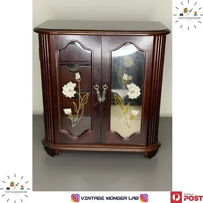 Vintage Wooden Armoire Jewelry Box With Etched Floral Glass Swing Out Doors • $49.99