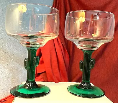 Margarita Glass Glasses Set Of 2 Cactus Libby Green Stem Glassware-3619 JS-12oz. • $12.95