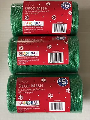 Lot Of 3 Metallic Green Deco Mesh Rolls By Seasonal Celebrations 5.5  X 10 Yards • $11.95