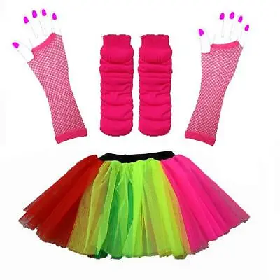 NEON TUTU SET AND ACCESSORIES 1980S SKIRT FANCY DRESS HEN PARTY COSTUME 80s RAVE • £6.49