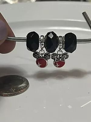 S925 & 925 Silver Mickey Minnie Red Ears Black Murano Euro Bracelet Charm Set • $38.99