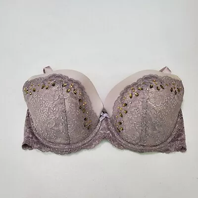 Victoria Secret Women Bra 34DDD Gray Dream Angels Lined Demi Rhinestone Lace • $16.91